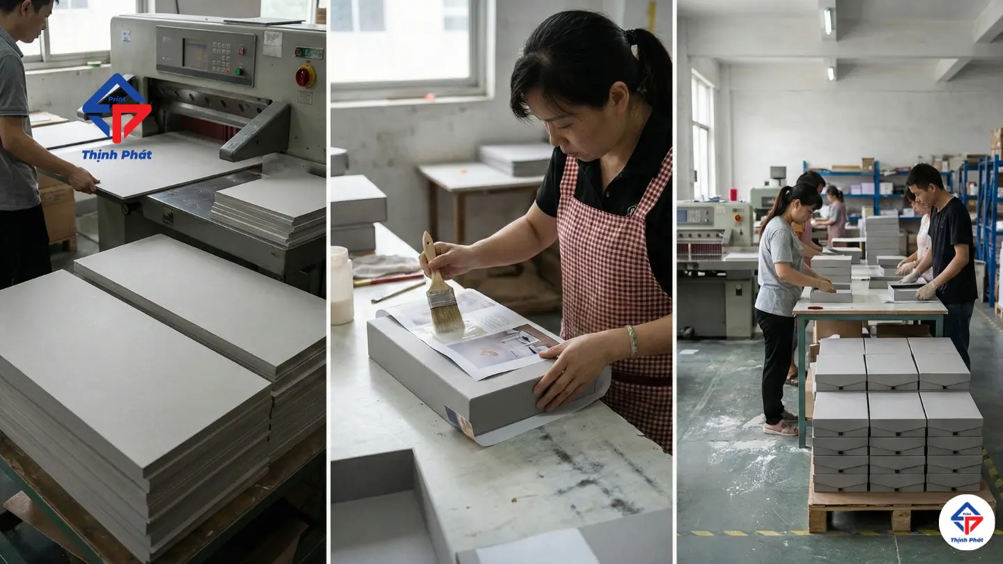 Quy Trình Sản Xuất Hộp Cứng Cao Cấp Tại Xưởng In Thịnh Phát – Từ Phôi Giấy Đến Tuyệt Tác Bao Bì